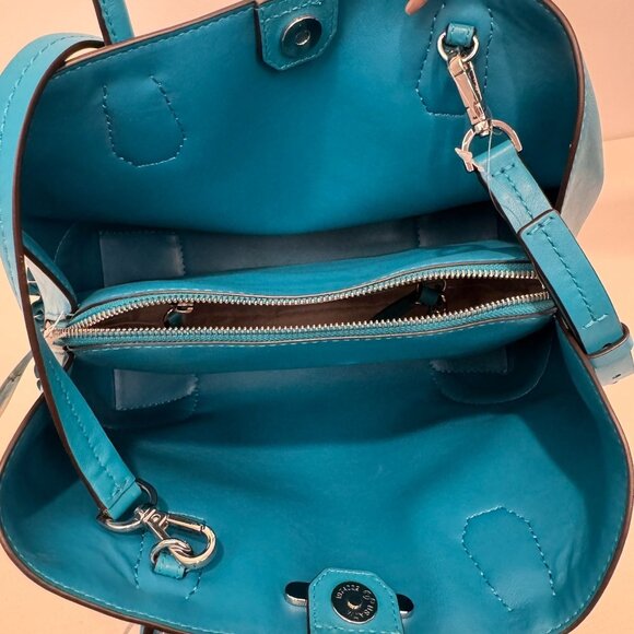 Michael Kors Teal Leather Handbag With Ruffled Accents & Adjustable Strap - Picture 8 of 14